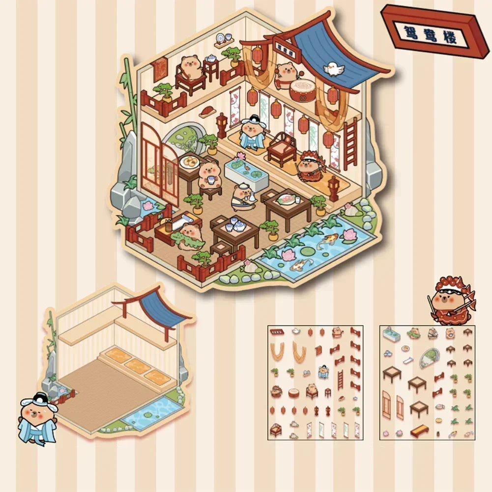 3D Cartoon Cabin DIY Scene Stacking Stickers – Reusable Set