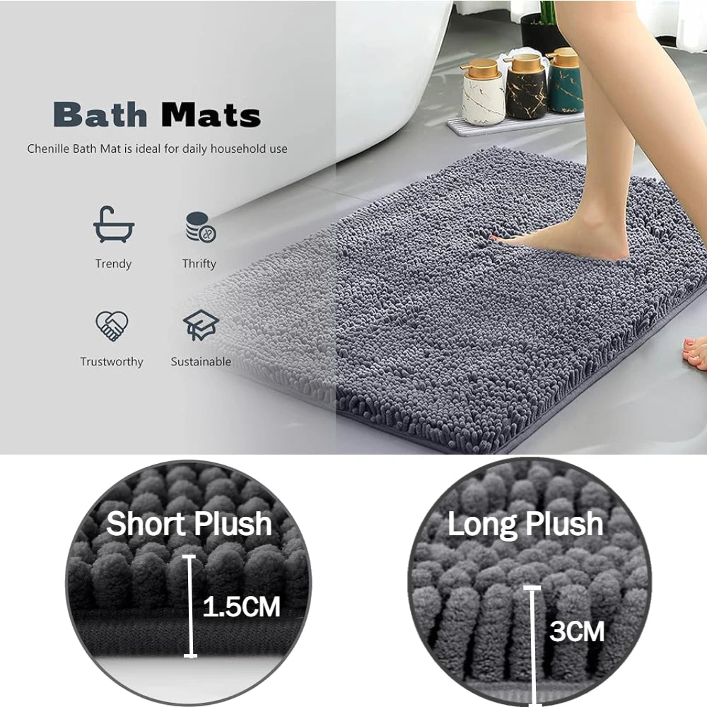 Set of 3 Bathroom Rugs 1.5/3CM Thick Chenille Bath Mat Striped Pattern Shaggy Bath Rugs for Bath Room Non Skid Floor Mats Peaceful Pleasures Health and Wellness