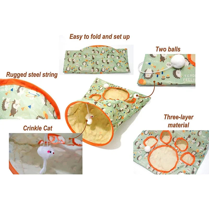 Foldable Cat Tunnel Toy – Crinkle Paper, Plush Balls & Mouse