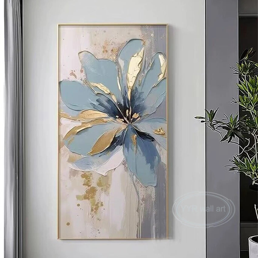 Hand-Painted Blue Floral Oil Painting on Canvas | Wall Art Hand-Painted Canvas Art Peaceful Pleasures Health and Wellness