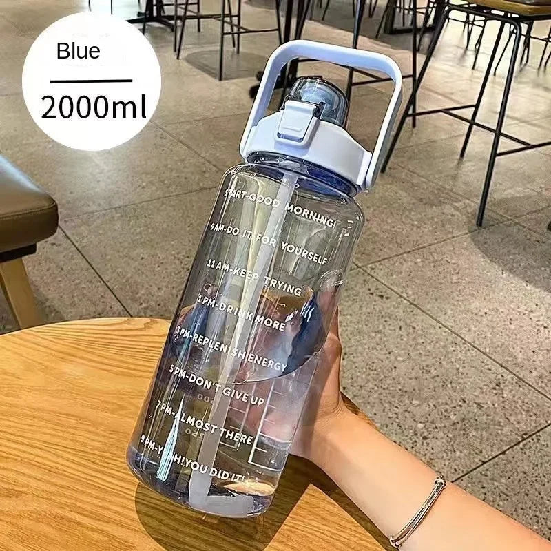 2L Portable Water Bottle Large Capacity Plastic Straw Water Cup Drink Bottle with Time Marker for Outdoor Sports Fitness Hot Peaceful Pleasures Health and Wellness blue 2.0L