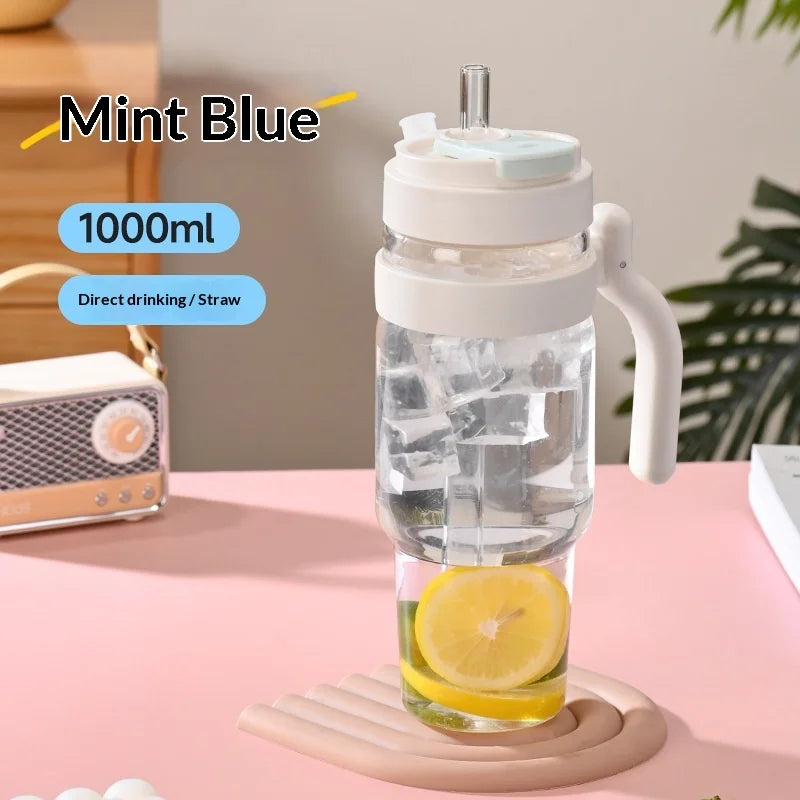 1000ml Cross Border Popular Large Capacity Flower Tea Cup, Straw Glass Cup, High Borosilicate Car Ice Cream Cup Peaceful Pleasures Health and Wellness Blue