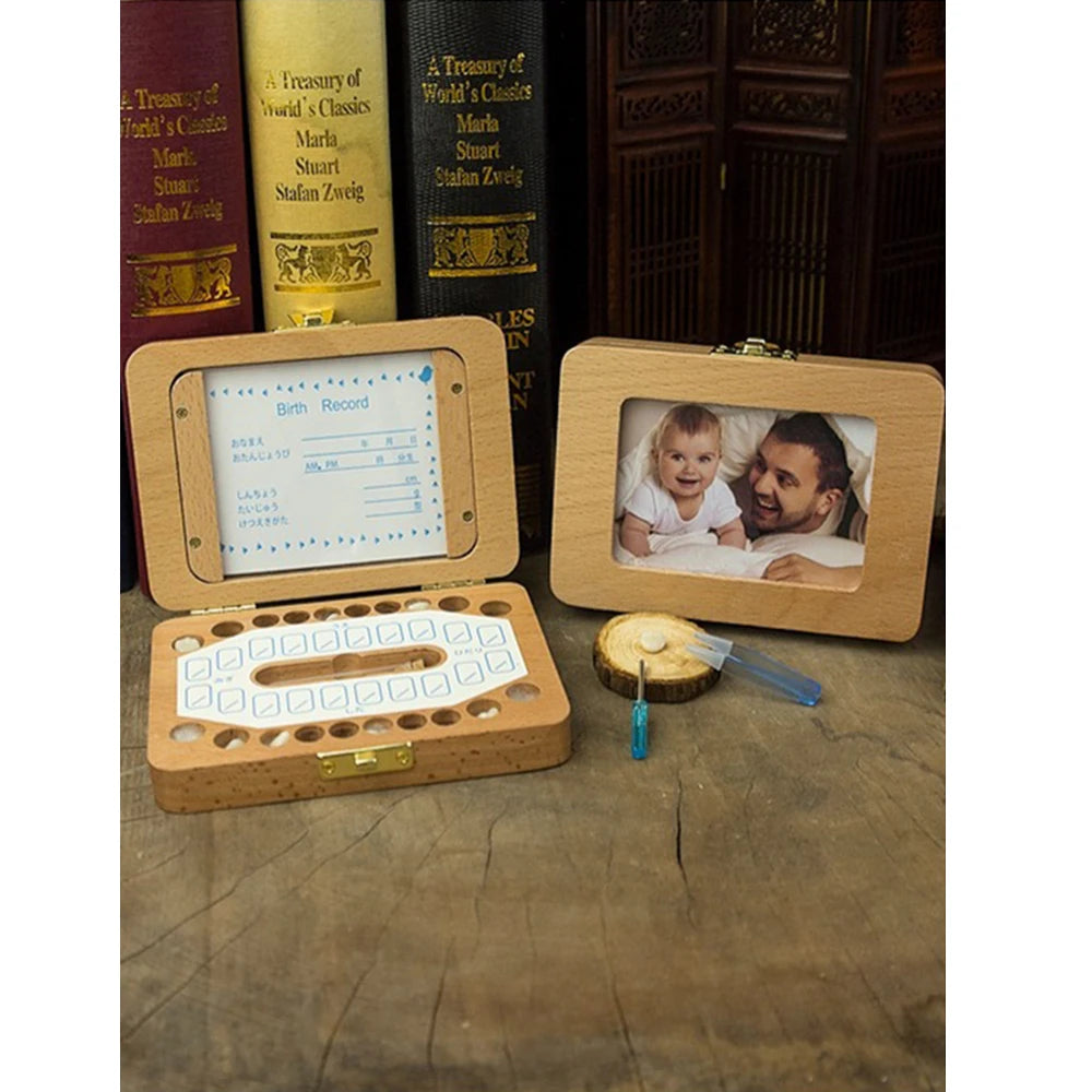 Wooden Baby Tooth Keepsake Box with Photo Frame & Accessories
