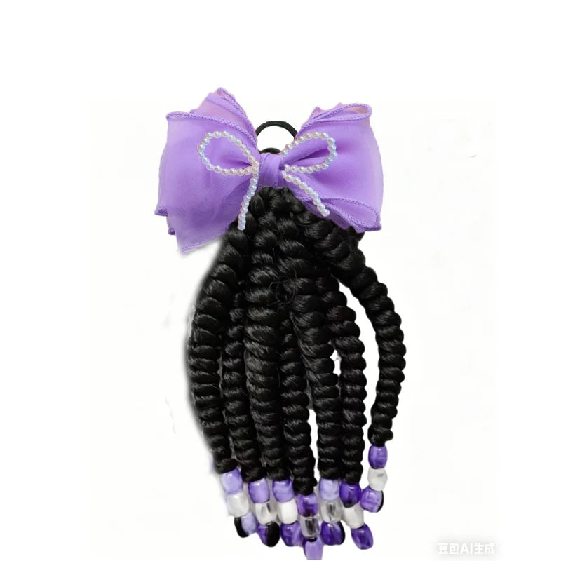 2pcs Toddler Girls Braided Wig Hair Extensions, Beaded Elastic Ponytail Holders,Organza Pearl Bow Clip, Princess Hair Ornaments Peaceful Pleasures Health and Wellness bow ponytail 3