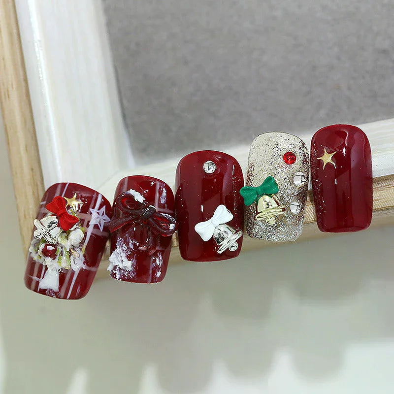 5Pcs Christmas Alloy Nail Accessories Mini Colored Bow Bell Rhinestones Jewelry Nail Art Charms Decorations 3D Flat Back Parts Peaceful Pleasures Health and Wellness