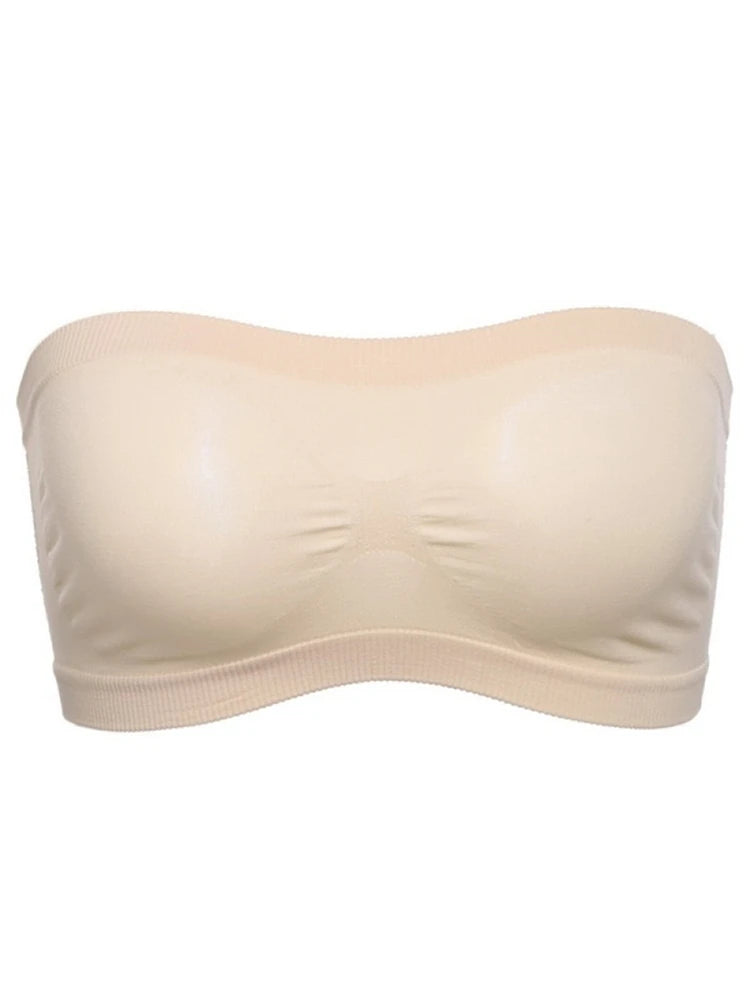 Lady's Sexy Strapless Crop Top Bra Bandeau Boob Tube Brassiere Summer Breathable Mesh Invisible Strapless without Chest Pad Wrap Peaceful Pleasures Health and Wellness Khaki Free Size