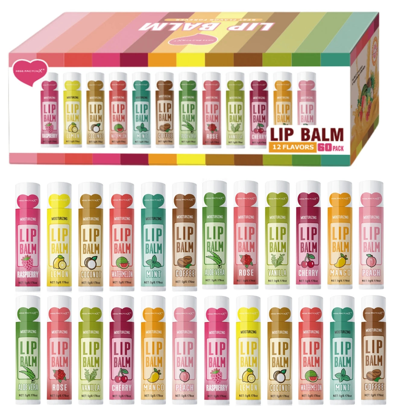 60PCS Moisturizing Lip Balm set 5g Deep Moisturizing and brightening Lip Color Gift for holiday parties Peaceful Pleasures Health and Wellness 60PCS Lip Balm set