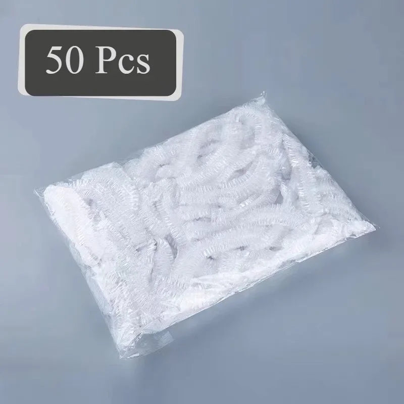 Disposable Caps Bag Transparent Shower Cap Pouch Cosmetic Mesh Cap Water Proof Organizer Hair Bonnet Organizers Home Tent Belt Peaceful Pleasures Health and Wellness White-50Pcs