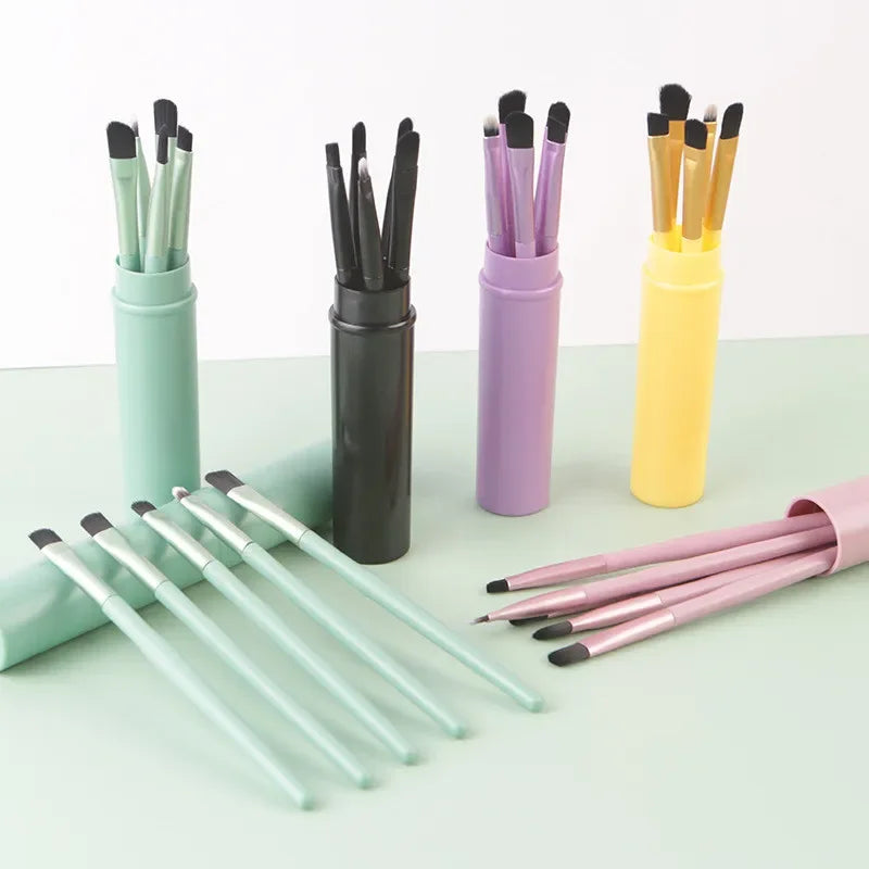 5-Piece Portable Makeup Brush Set with Barrel | Eye, Lip & Brow