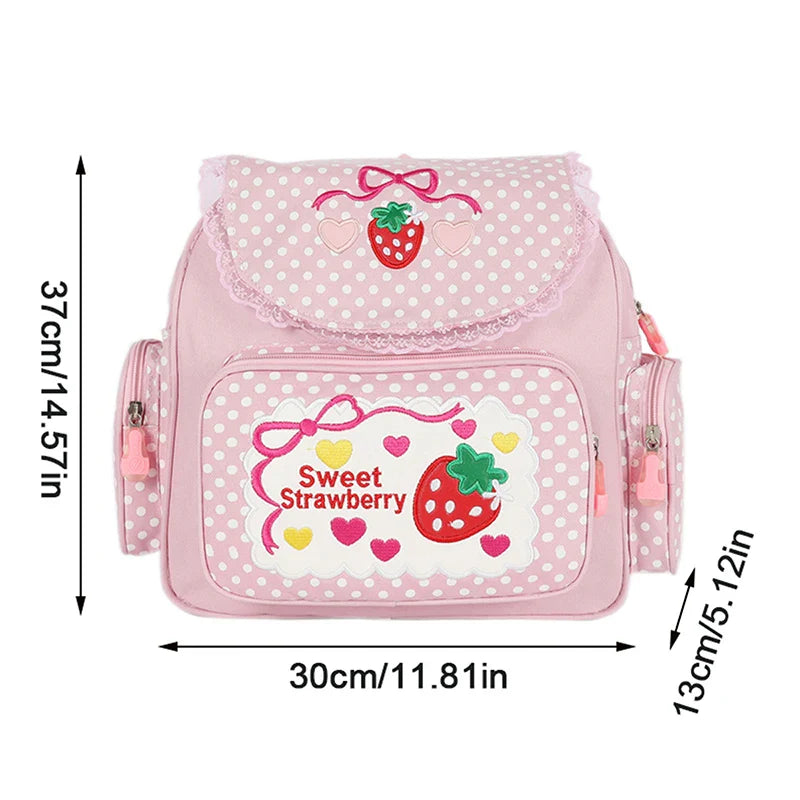 Girls Pink Strawberry Embroidery Canvas Backpack | Kids School Bag