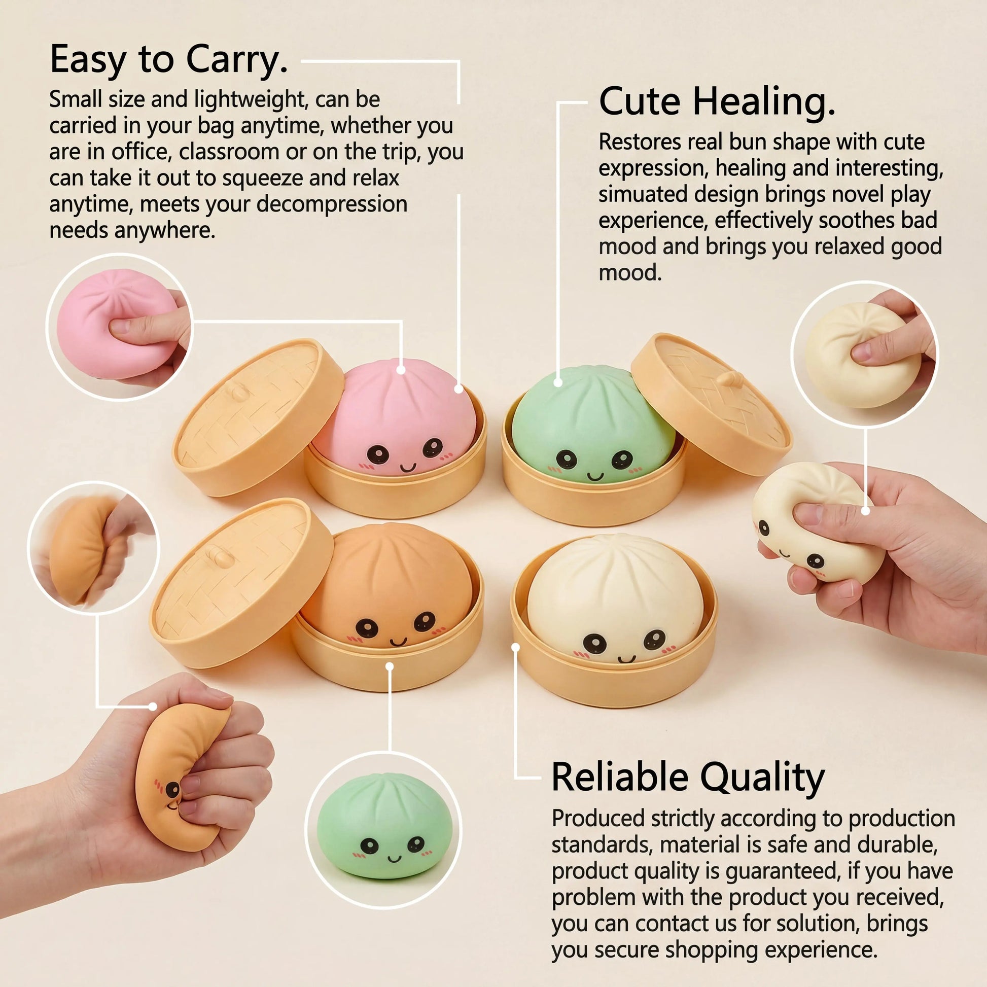 4 Color Fun Dumpling Squishy Toy With Steamer Soft Slow Resilience Toy Adult Stress Relief Sensory Ball Kid Safe Relaxation Tool Peaceful Pleasures Health and Wellness