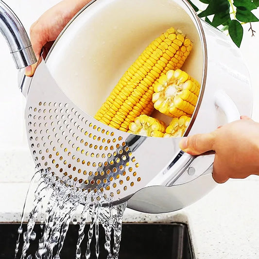 Kitchen Stainless Steel Pan Pot Strainer with Handle, Pasta Drainer, Colander Water Filter, Vegetable Drainer, Slag Separator Peaceful Pleasures Health and Wellness