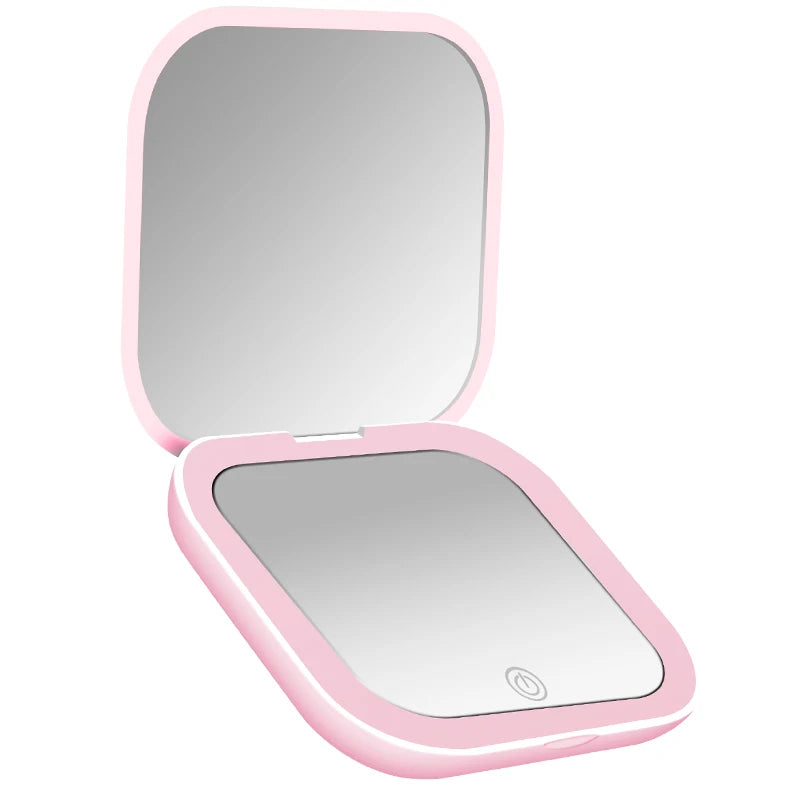 Compact, mini folding cosmetic mirror with lighting, portable, handheld, small pocket travel cosmetic mirror with a magnificatio Peaceful Pleasures Health and Wellness Pink
