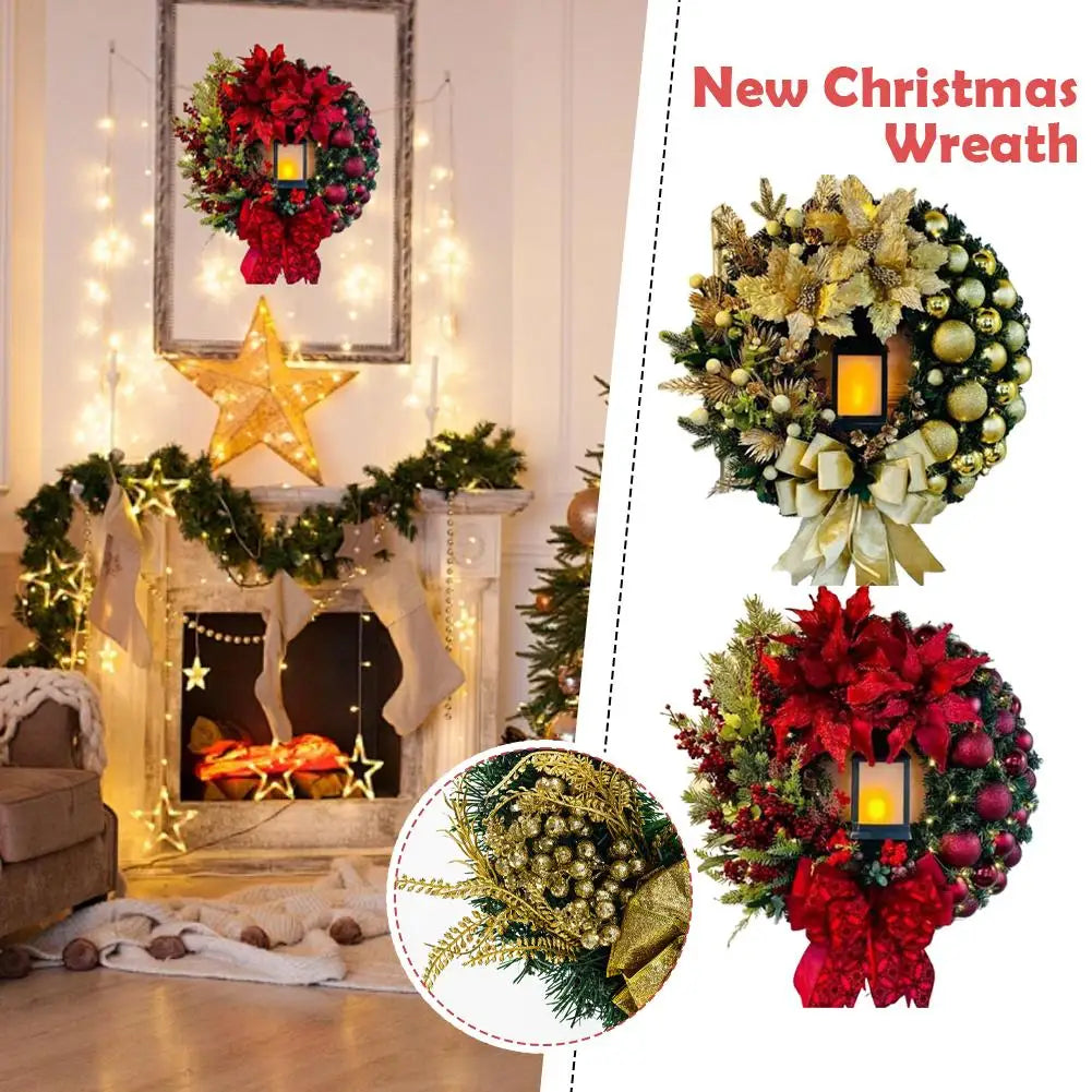 LED Christmas Wreath with Bow & Red Flowers | 40cm Door Decor