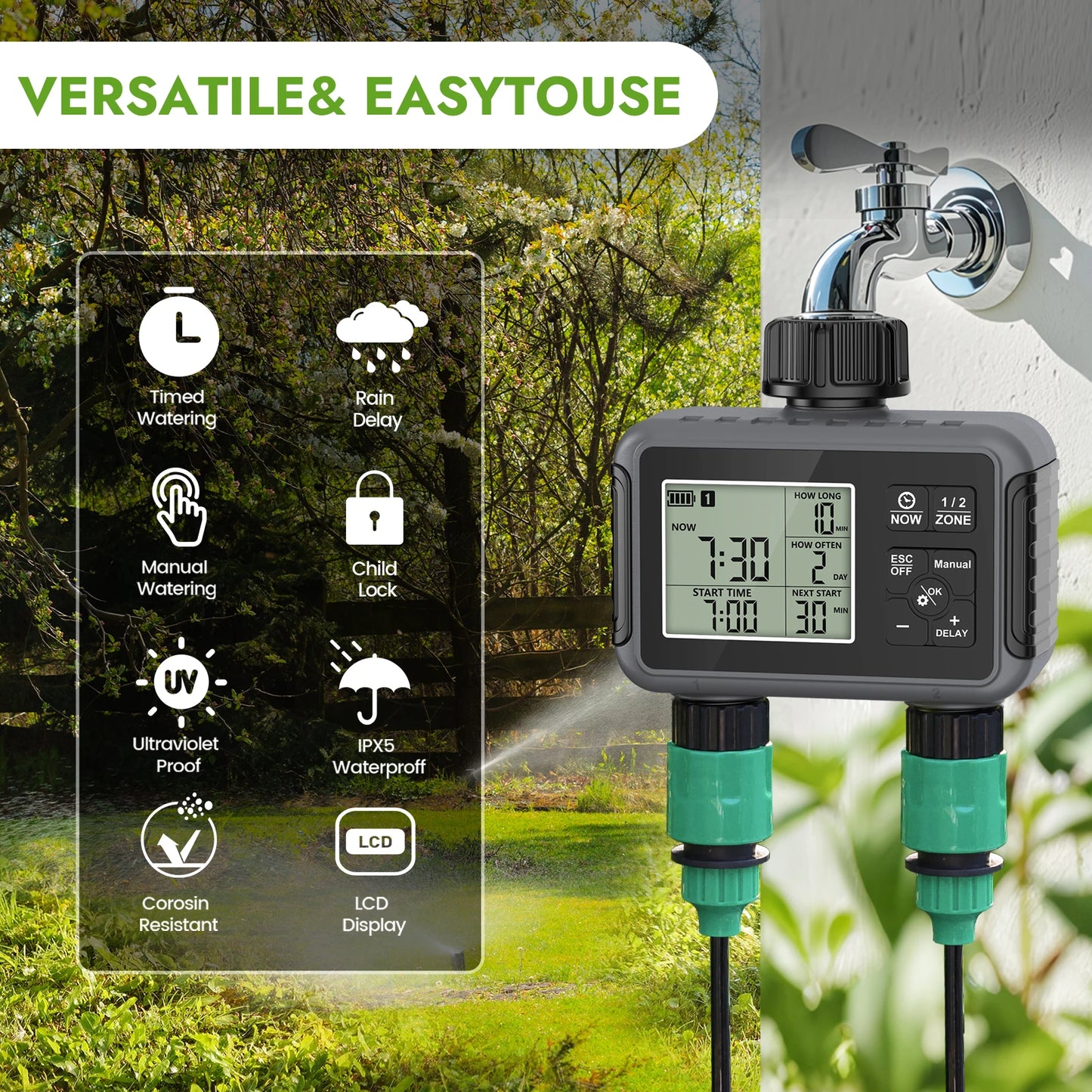 1PCS Outdoor Automatic Irrigation Fully Adjustable Program Super Timing System 2-Outlet Water Timer Precisely Watering Up Peaceful Pleasures Health and Wellness