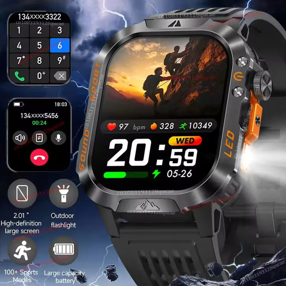 2026 New Smart Watch Men's Outdoor Watch 2.01Inch Voice Assistant Bluetooth Call with LED Flashlight IP68 Waterproof Smart Watch Peaceful Pleasures Health and Wellness