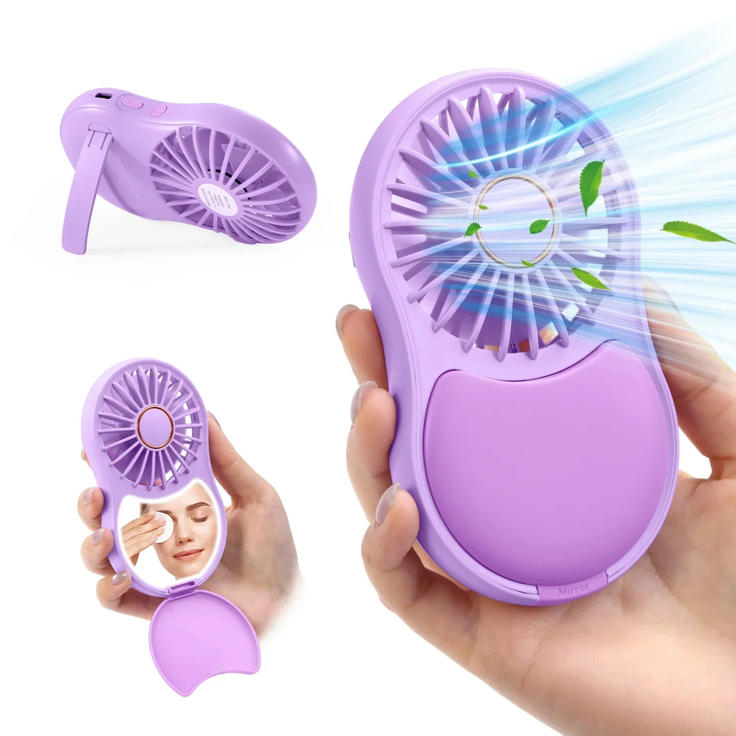 URGGU Mini Pocket Fan with Mirror & Light | USB-C Rechargeable