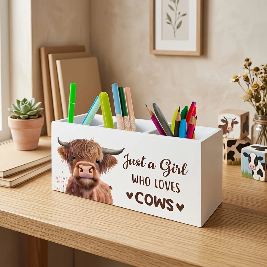 Highland Cow Pen Holder Organizer Makeup Brushes Storage Box Desk Decor for Women, Pencil Box Home Office Decoration Peaceful Pleasures Health and Wellness
