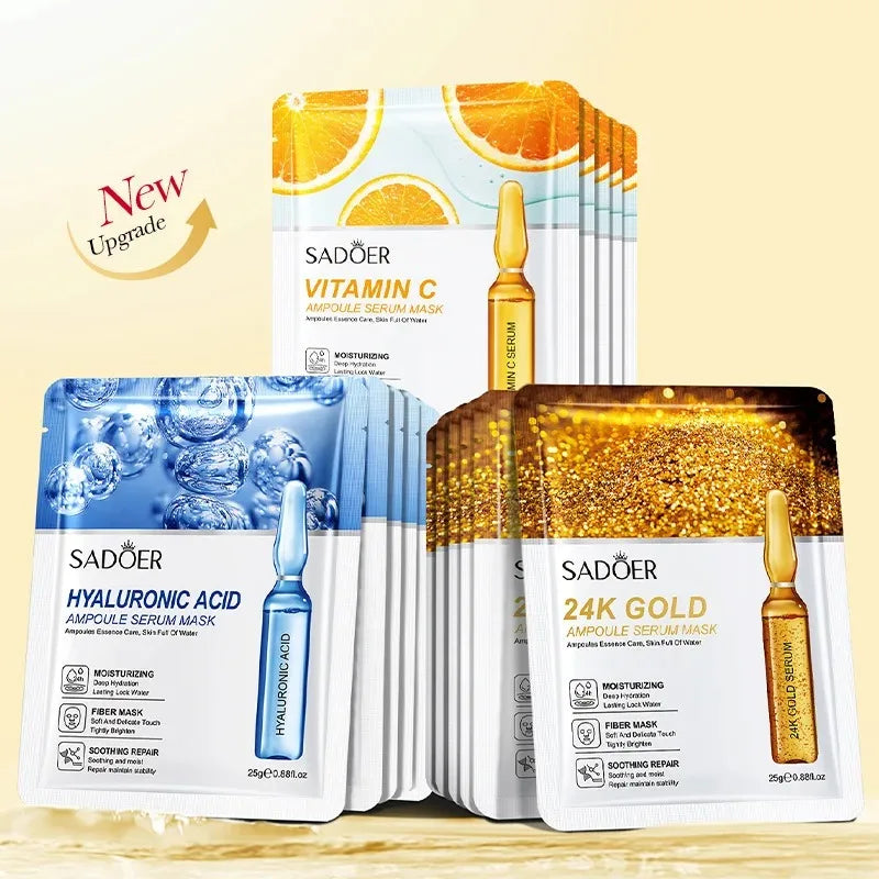 15pcs SADOER 24K Gold Vitamin C Hyaluronic Acid Facial Masks for Face Moisturizing Firming Hydrating Face Mask Facial Skin Care Peaceful Pleasures Health and Wellness Each 5pcs