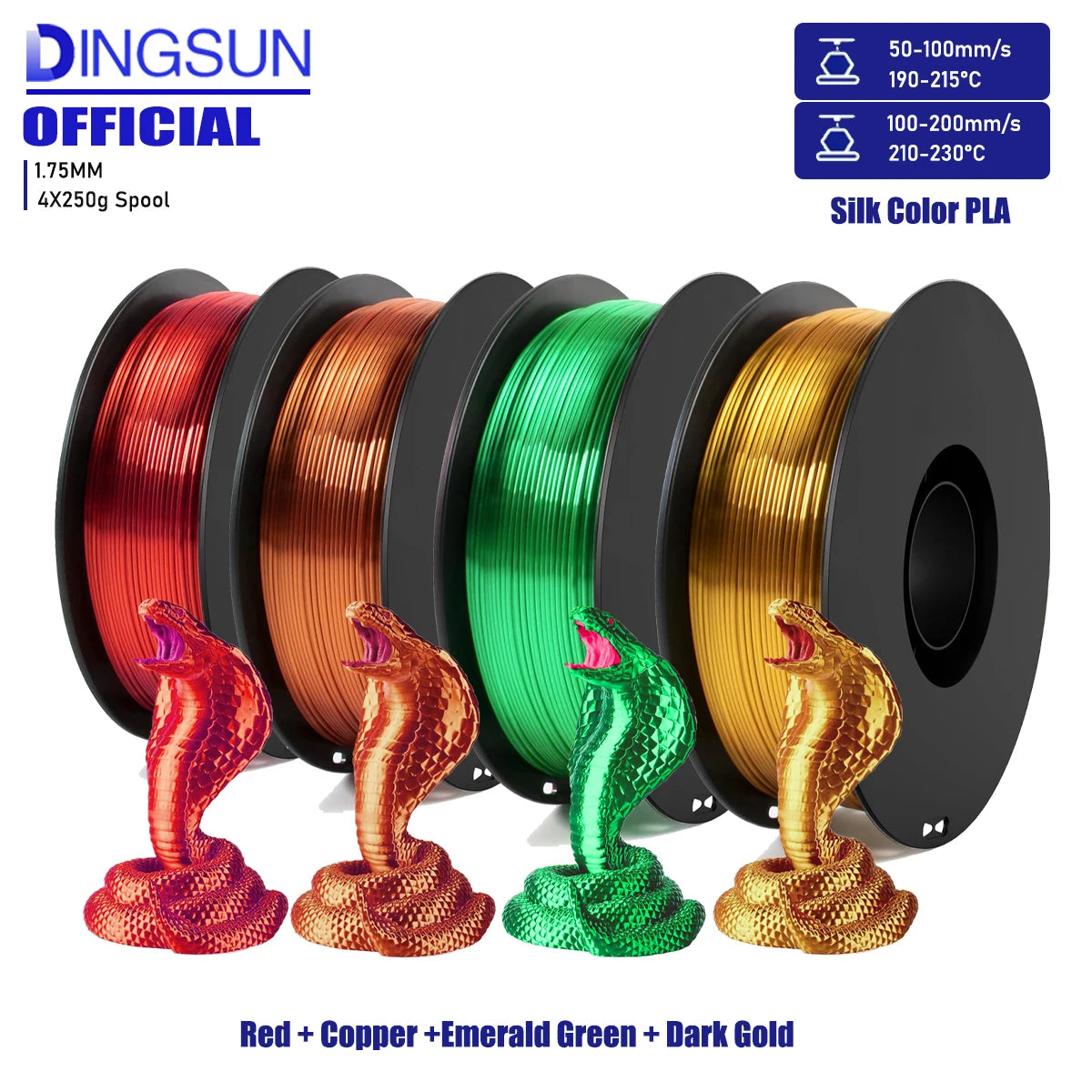 Silk PLA Filament 1.75mm Metal Shine 250g–1kg | DINGSUN 3D