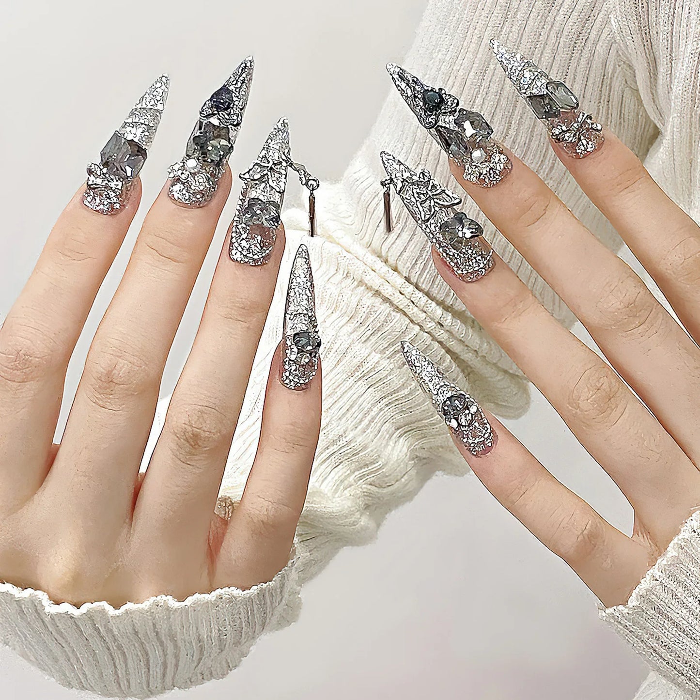 Rhinestone Glitter Press-On Nails – Long Pointed Bridal Set