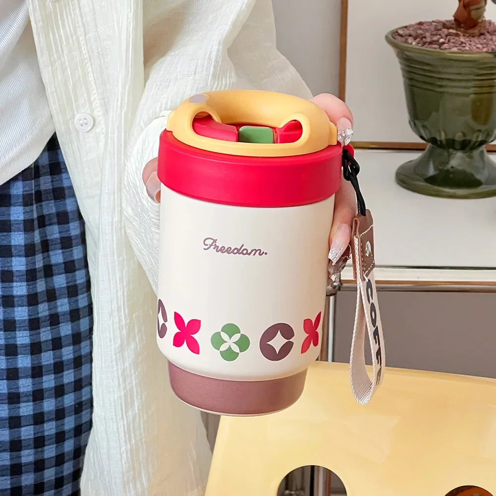 Ceramic Lined Insulated Cup Mini Double Coffee Cups 316 Stainless Steel Student Cups Practical Health Cups Cute Large Capacity Peaceful Pleasures Health and Wellness Red and White1