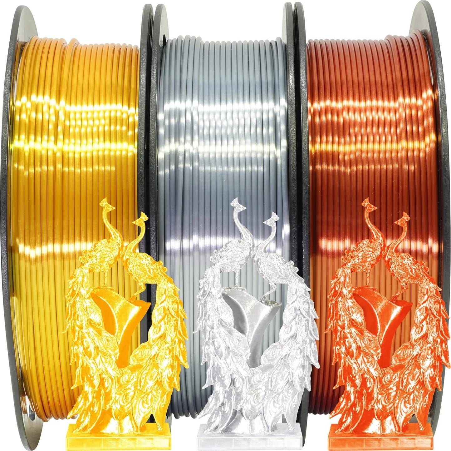 Silk PLA Filament Bundle 1.75mm – Gold Silver Copper 3×0.25kg