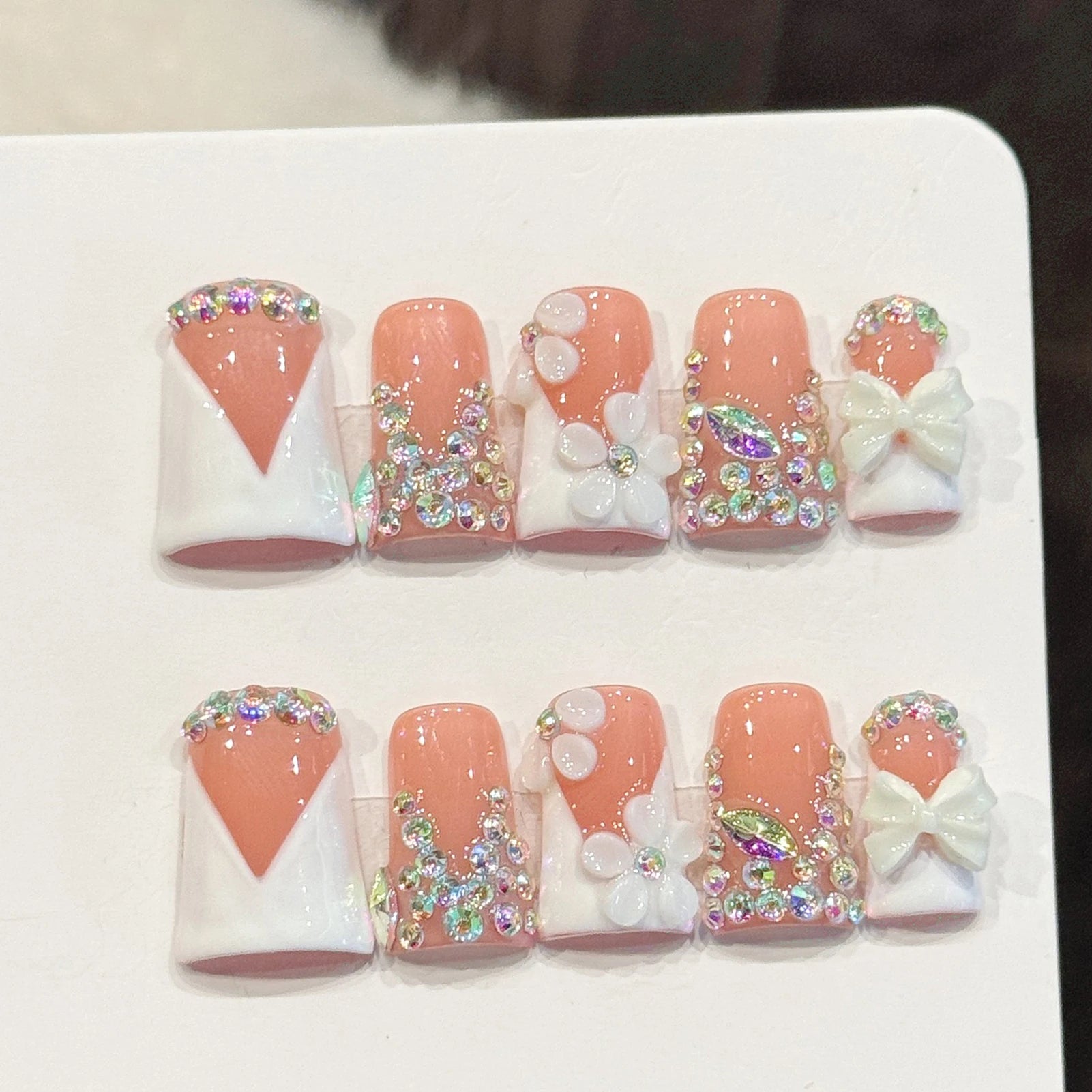 10pcs Handmade Duckbill Press on Nails French Artificial Nails With 3D Flowers Decor Elegant Fake Nails Detachable False Nails Peaceful Pleasures Health and Wellness S