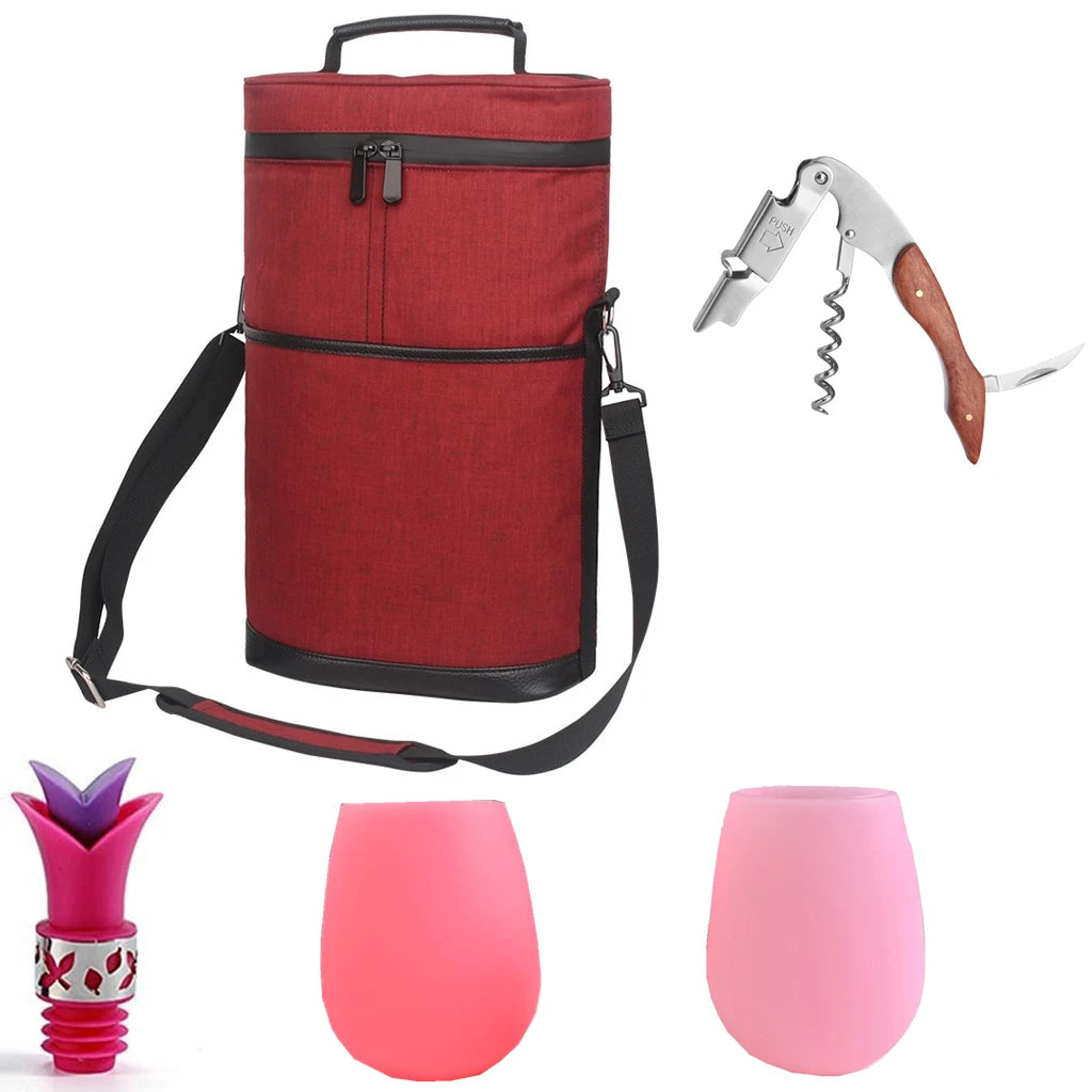Soft Cooler Wine Bottle Insulated Bag for Wine Thermal 2 Drink Bottle 750ml Beer Outdoor Bag for Travel Carrier Tote Wine Glass Peaceful Pleasures Health and Wellness Red Wine Set
