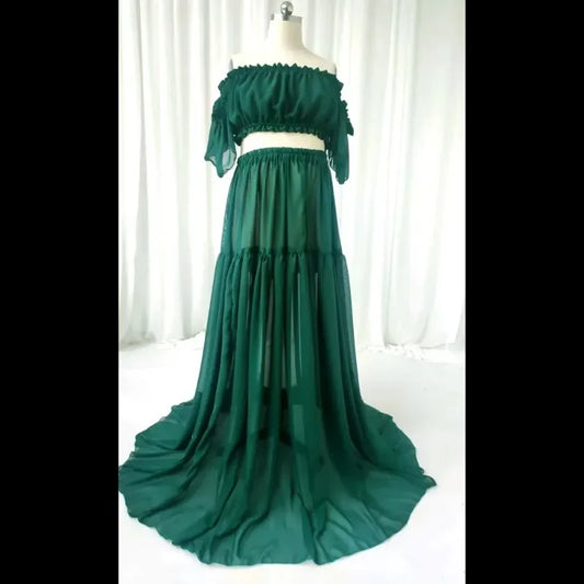 Maternity Photoshoot Dress 2 Piece Set - Off The Shoulder Chiffon Gown with High Slit, Elastic Strapless Nursing Top,Baby Shower Peaceful Pleasures Health and Wellness XXL dark green