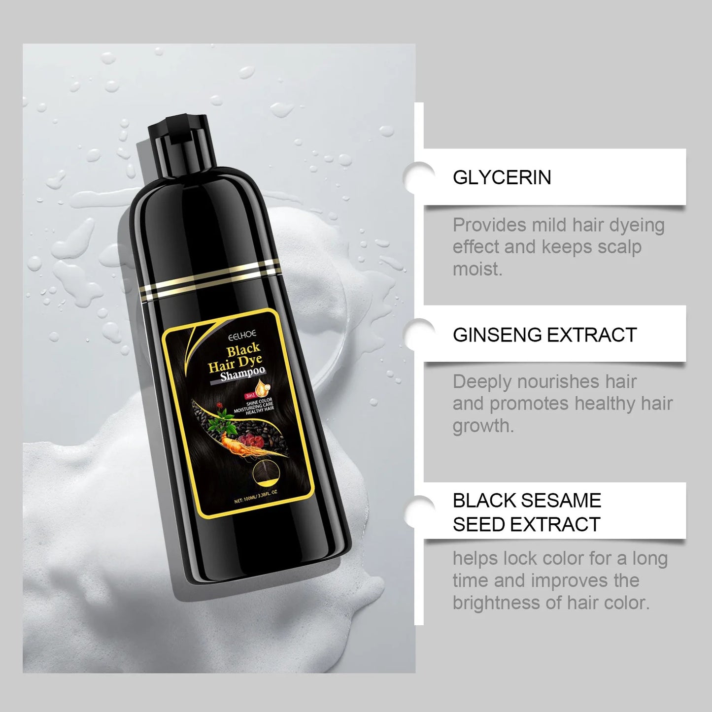 3 In 1 Instant Coloring Shampo Change Hair Color Gray Hair to Black Natural Black Color for Men Women Hair Dye Deep Nourishing Peaceful Pleasures Health and Wellness