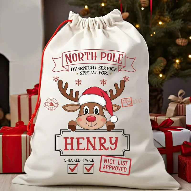 Personalized Reindeer Christmas Gift Bag | Custom Kids Xmas Bag Christmas Gift Bag Peaceful Pleasures Health and Wellness