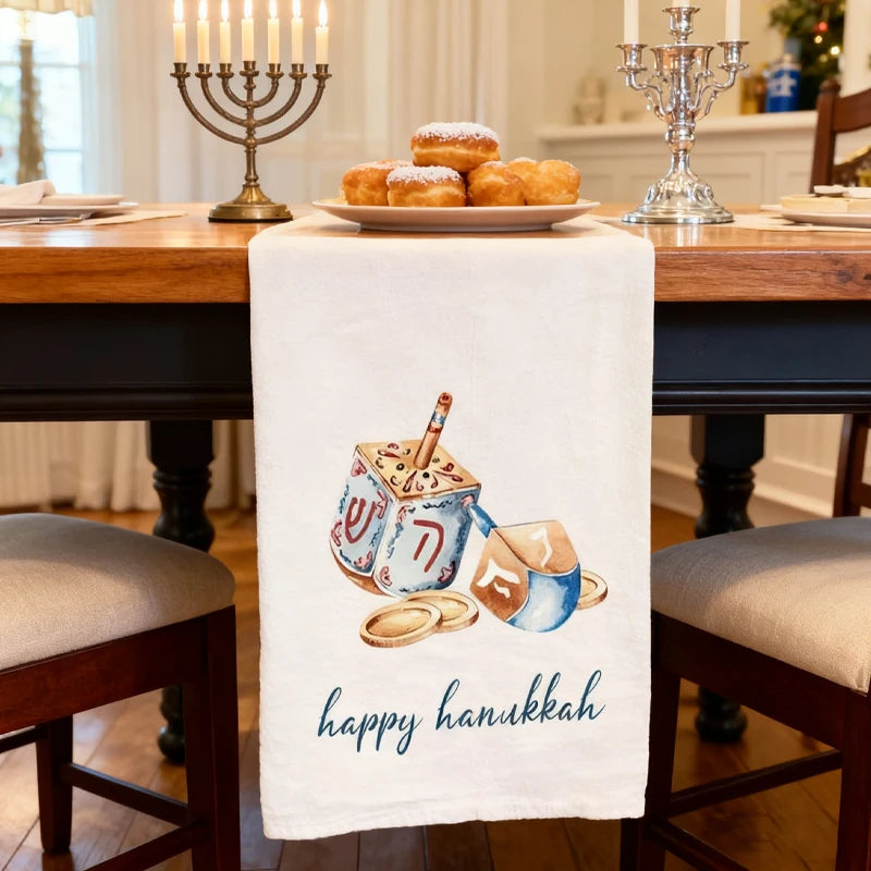 Happy Hanukkah Cotton Tea Towel – Dreidel & Coins Flour Sack Holiday Kitchen Towel Peaceful Pleasures Health and Wellness