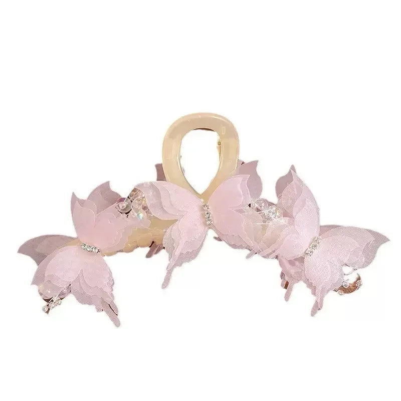 Light Blue/Pink Sheer Butterfly Claw Clip | Pearl Rhinestone Fairycore Hair Grabber | Elegant Romantic Hair Accessory Peaceful Pleasures Health and Wellness