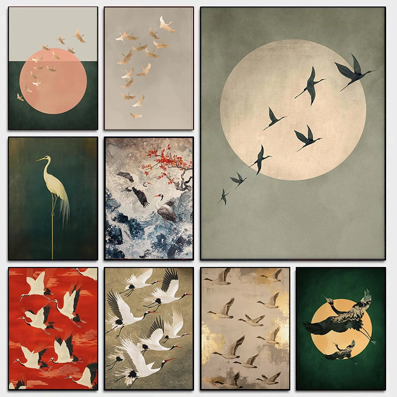 Sage Green Gold Japandi Art Print Flying Birds Wall Art Abstract Sun Art Living Room Decor Japanese Wall Art Bedroom Decor Gift Peaceful Pleasures Health and Wellness
