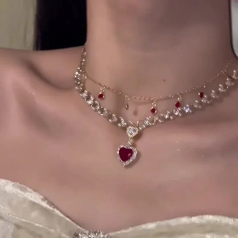Red Heart-shaped Pearl Double-layered Necklace Creative Princess's Necklace Light Luxury and High-end New Year Collarbone Chain Peaceful Pleasures Health and Wellness