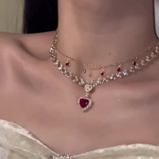 Red Heart-shaped Pearl Double-layered Necklace Creative Princess's Necklace Light Luxury and High-end New Year Collarbone Chain Peaceful Pleasures Health and Wellness