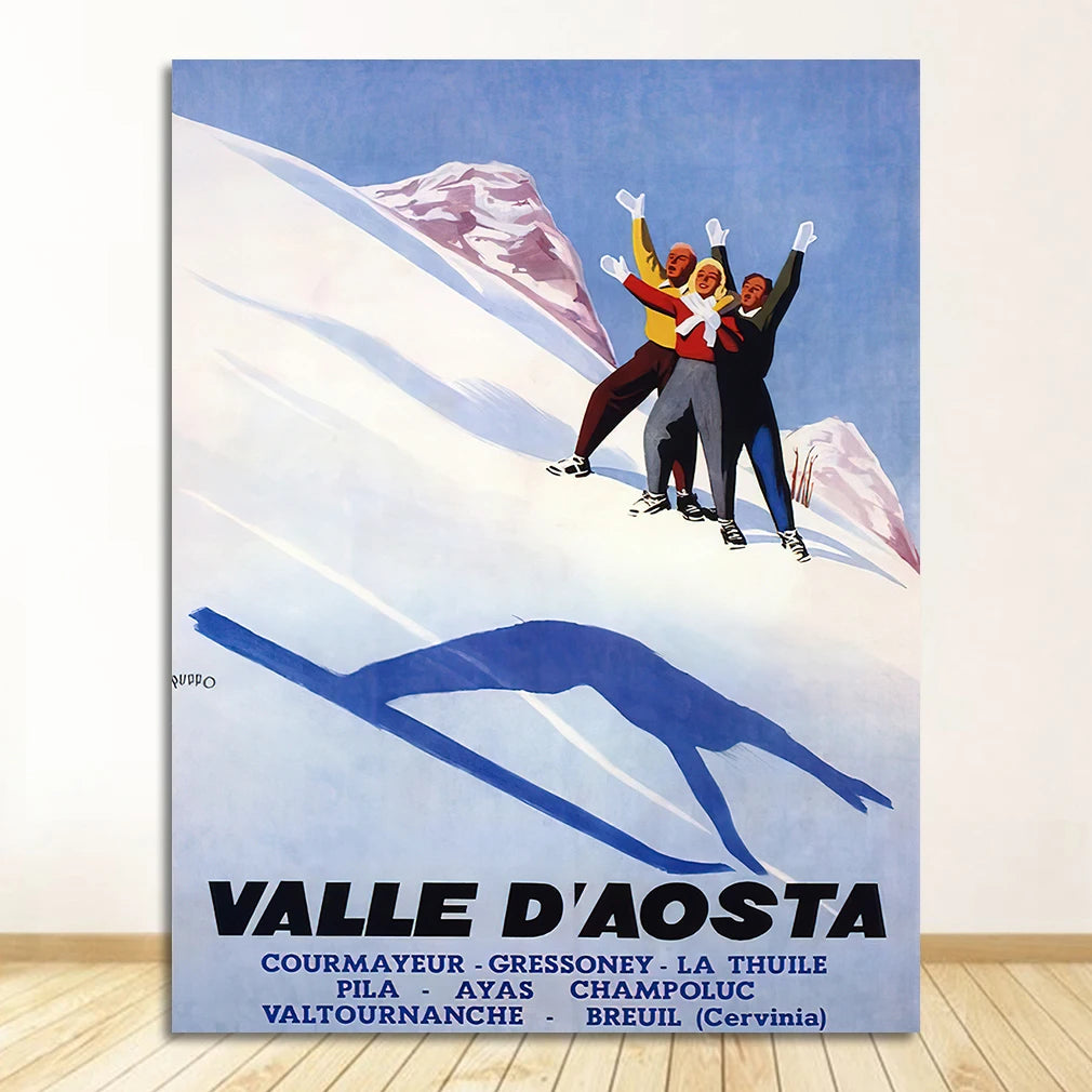 Retro Skiing Alps Switzerland Canvas Wall Art | Vintage Ski Poster