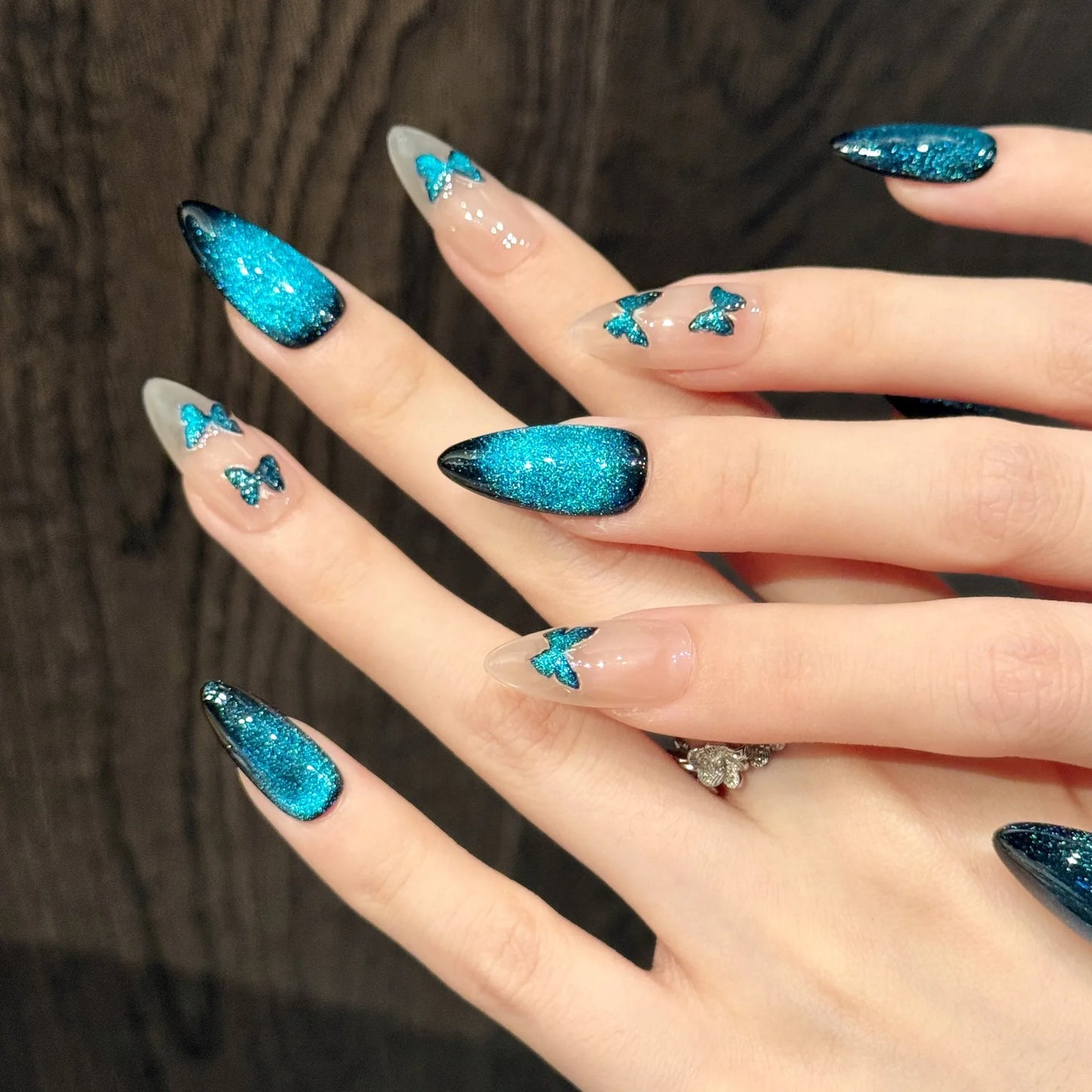 Blue Cat Eye Press On Nails – Butterfly Almond Tips 10pc