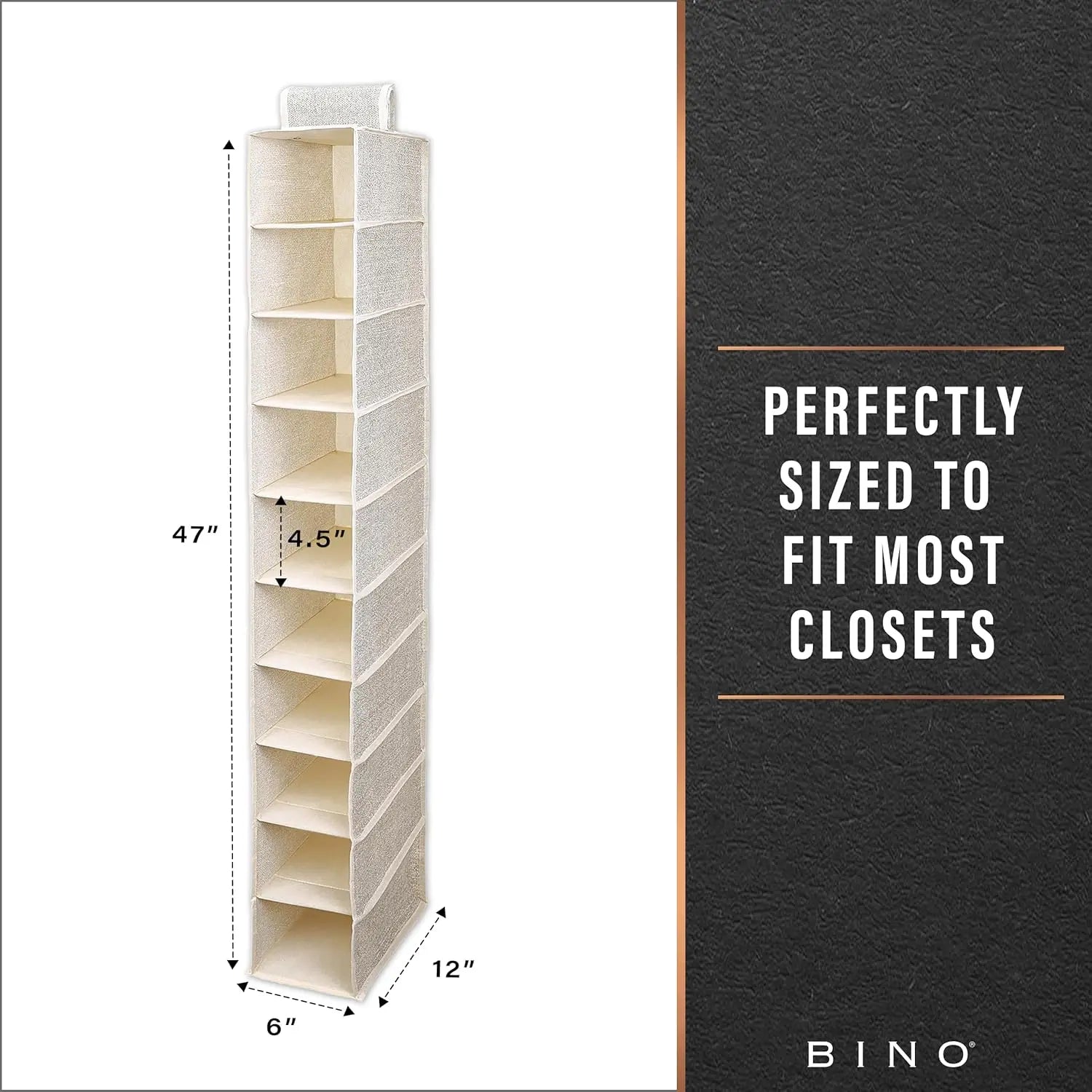 Tall beige shelf with dimensions on a white background, next to a black panel with 'BINO' branding.