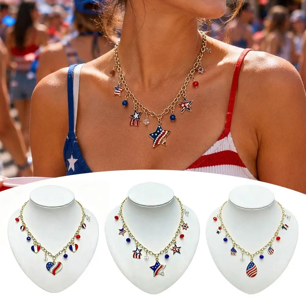Patriotic Beaded US Flag Pendant Necklace | Gold Chain Gift