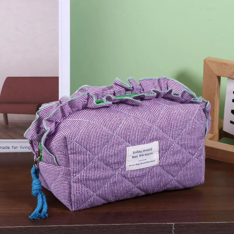 Women's Vintage Gingham Cosmetic Makeup Bag With Ruffled Edges-Large Capacity Organizer For Daily Travel Peaceful Pleasures Health and Wellness 02