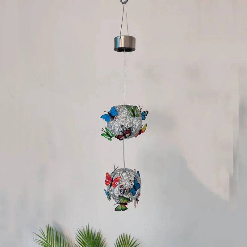 2 Balls Colorful Butterfly Solar Globe Light 4.3in Hanging Outdoor Lantern with Vibrant Butterfly Floral Lamp Solar-Powered Peaceful Pleasures Health and Wellness Double Ball white