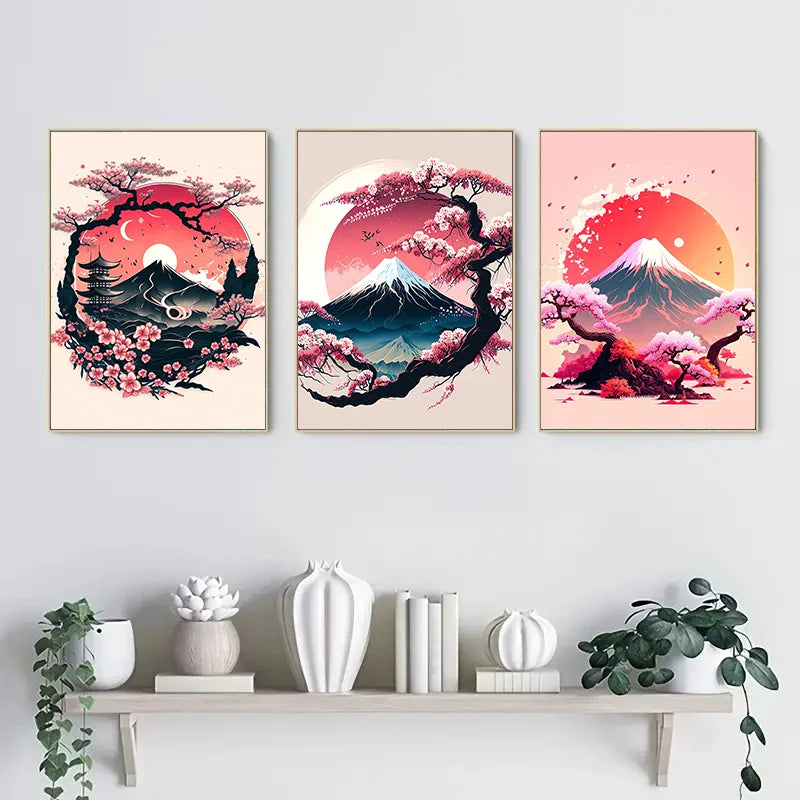Landscape Canvas Painting Black And Red Posters Vintage Ink Art Wall Prints For Living Room Home 3pcs Frameless Japanese Natural Peaceful Pleasures Health and Wellness T80232-95 20x30cm Unframed