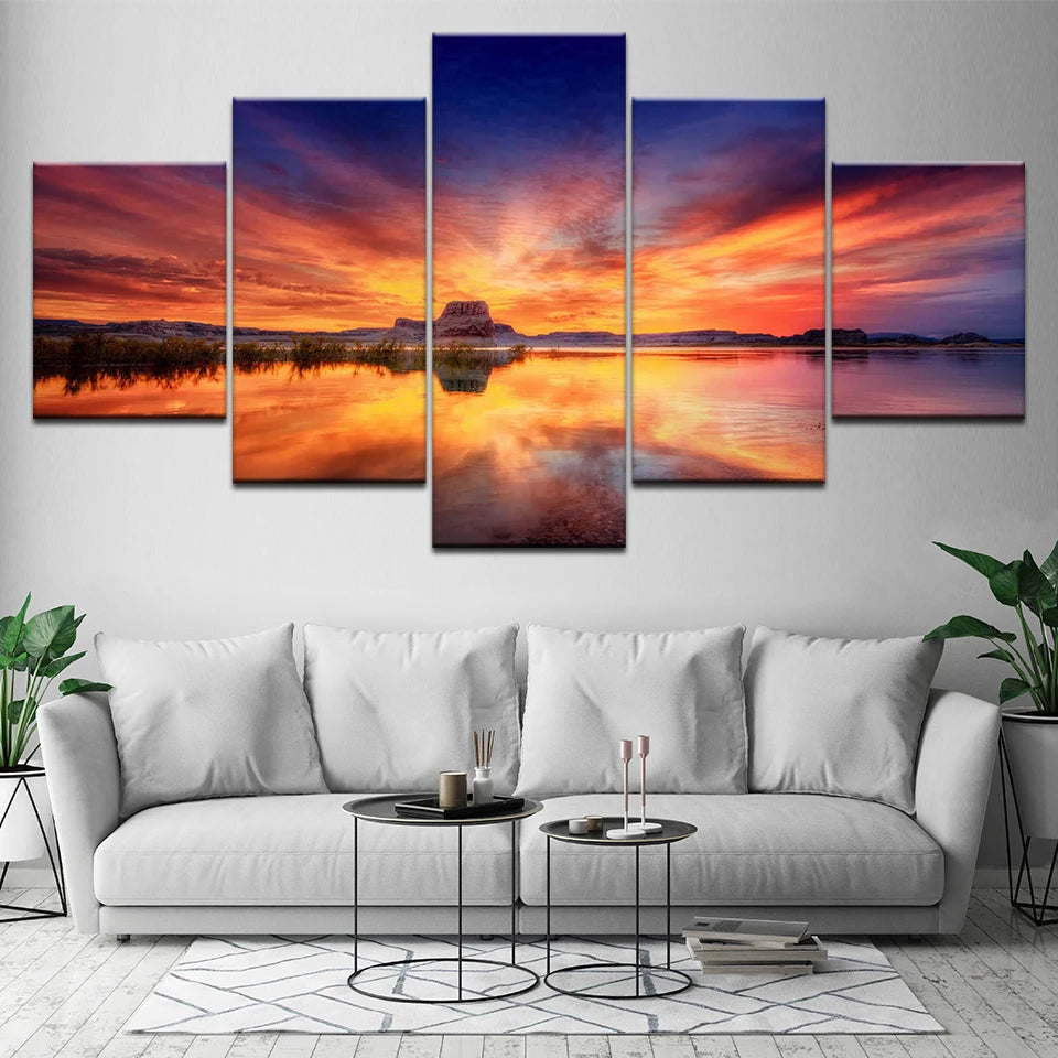 5pcs Cleopatra Ocean Canvas Painting Wall Art Orange Sky Ocean Beach Multi Turkey Sand Beach Sunrise Wall Decor No Frame Peaceful Pleasures Health and Wellness 5pcs 2 20x35-20x45-20x55cm