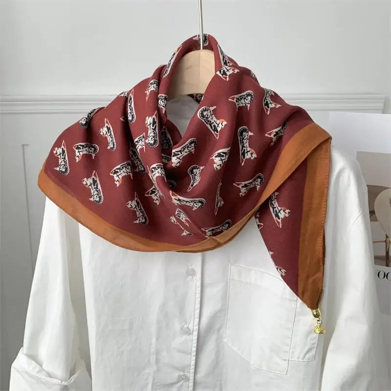 70x70 Retro Print Square Silk Scarf with Magnetic Buckle