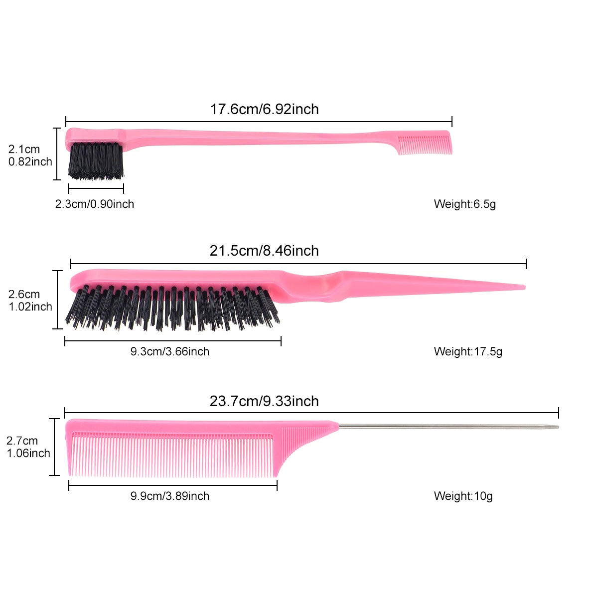 New 3pcs Hair Brush Set Sharp-tail Comb Three-row Hair Comb Steel Needle Mouse Tail Comb Toothbrush Eyebrow Brush Tool Peaceful Pleasures Health and Wellness