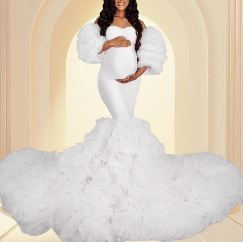 Hot Maternity Dresses Photoshoot Tulle Maxi Gown Baby Shower Ruffles Платье Для Беременных Ropa Платье Вечернее Peaceful Pleasures Health and Wellness WHITE US 22W