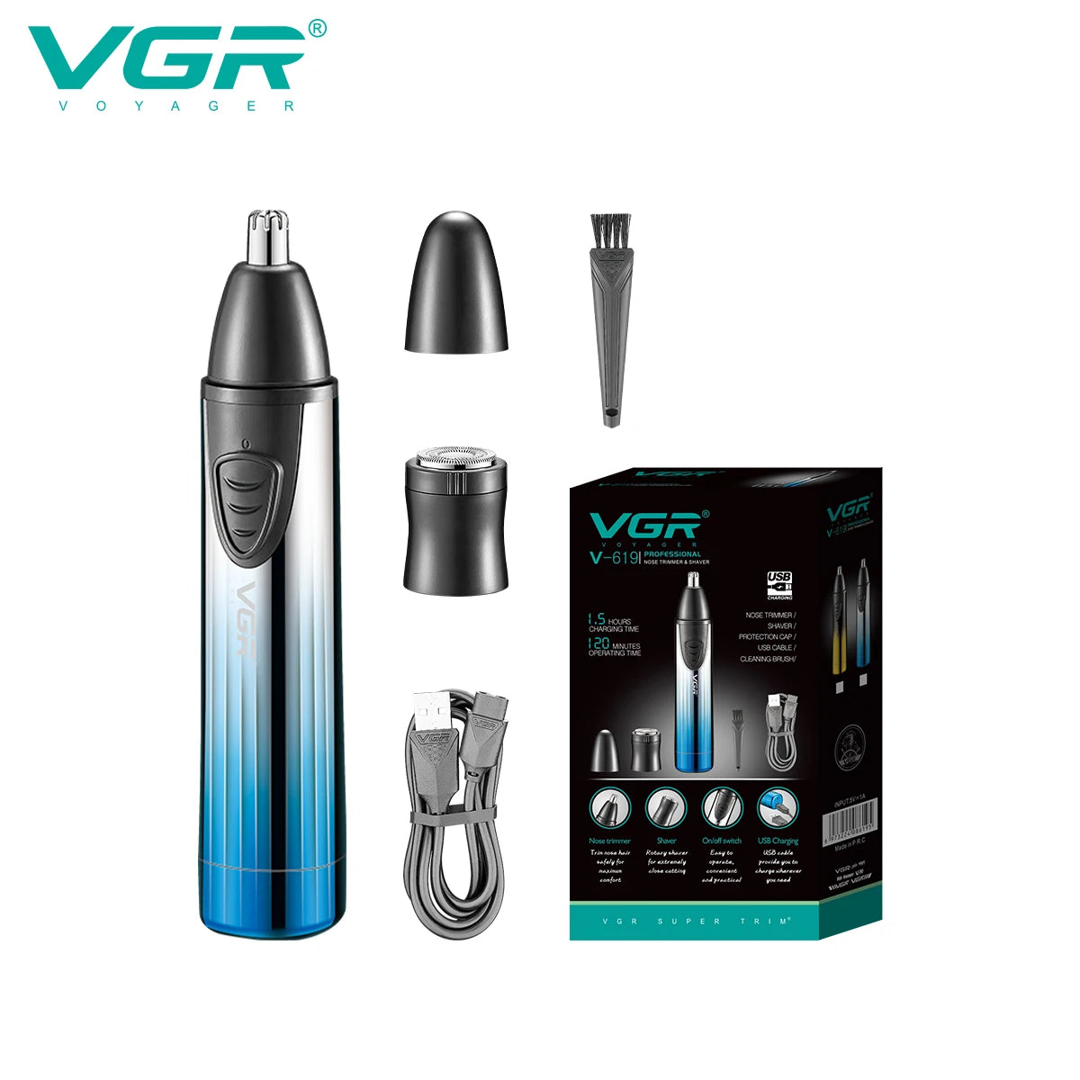VGR new 2-in-1 hair trimming set convenient shaver sharp blade hair remover men's USB electric shaver nose hair trimmer V-619 Peaceful Pleasures Health and Wellness USB 1