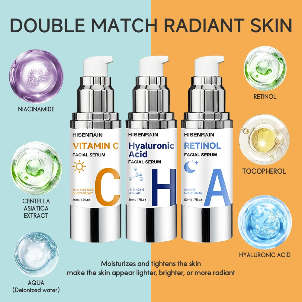 HISENRAIN AM PM Hyaluronic Acid Serum with Retinol And Noon VC 3-in-1 Brightening Anti-Aging Daily Skincare Treatment for Face. Peaceful Pleasures Health and Wellness